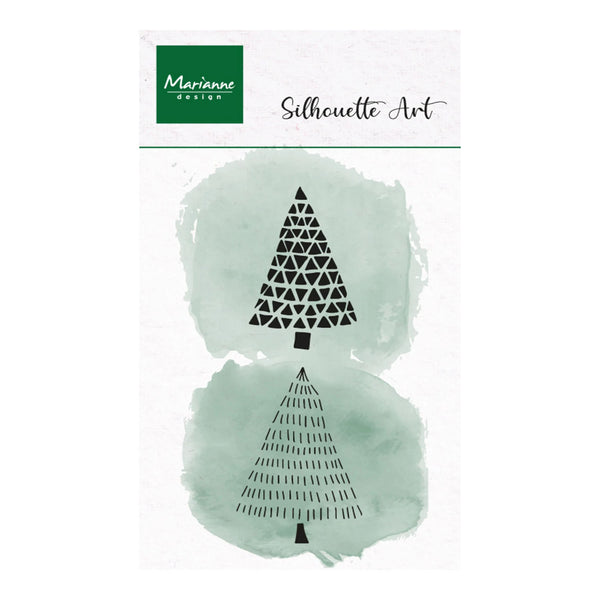 Marianne Design Silhouette Art stamp set featuring two black geometric Christmas tree silhouettes on a white background with a soft green watercolor wash.