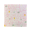 A square sheet of baby shower cardstock featuring a playful pink and white 'GIRL BABY' pattern with hearts, elephants, lions, and birds.