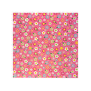 A square paper sample featuring a dense, colorful floral pattern on a vibrant pink background, isolated on a white studio background.