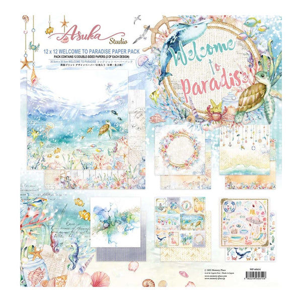 Underwater-themed paper pack with 'Welcome to Paradise' text and various sea creature illustrations.