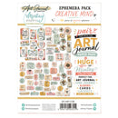 Mintay Papers Art Journal Ephemera Pack 'Creative Mind' sheet containing 68 pieces of decorative ephemera stickers and paper pad inserts, featuring various quote labels, floral designs, and journaling elements on a white background.