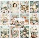 A 12-card scrapbook paper pack titled 'Misty Romance' featuring vintage-style illustrations with pink peonies, a woman in a lace dress, a bird nest with chicks, a glowing bottle, a compass rose, stacked teacups, a birdcage, an oval floral portrait, a lantern, and a flower vase. The cards are arranged in a grid with the product packaging card centered.