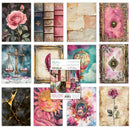 A 3x4 collage of vintage-themed art prints and paper designs, including roses, stacked antique books, torn paper textures, a scale of justice, a feather and hot air balloon, ornate book covers, gold and black marble, a sun face, and floral watercolor artwork. A central label reads 'Mystery Box' with '12 sheets' and 'The Art of Paper'.