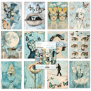A 12-card art print set titled 'Misty Mysteries' featuring various surreal, vintage-style illustrations in blue, beige, and brown tones, including butterflies, eyes, a moon, a flower, and a figure walking a tightrope, with a central product card showing the set details.