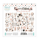 Mintay Papers 'Let's Celebrate' 60-piece die-cut sticker sheet, featuring elegant party and cake illustrations in dusty pink, black, and white on a white backing card.