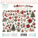A sheet of Mintyay Papers 'Season of Joy' Christmas die-cut stickers, featuring 63 festive designs including nutcrackers, Santa Claus, ornaments, stockings, candy canes, snow globes, and poinsettias on a white background with a pink polka-dot border.
