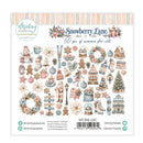 A sheet of Mintyay Papers 'Snowberry Lane' die-cut stickers, featuring 60 festive illustrations in soft pastel colors including pink, blue, beige, and brown on a white background.