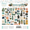 A sheet of Minty Papers 'teen spirit' die-cut stickers featuring 60 pieces of cute, retro-themed stickers like sneakers, cameras, notebooks, plants, and motivational quotes on a white background.