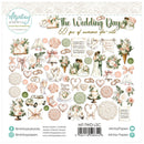 A sheet of Mintay Papers 'The Wedding Day' die-cut stickers, featuring 60 pieces with wedding-themed illustrations including brides and grooms, flowers, hearts, rings, cakes, and lace motifs in soft pastel colors.