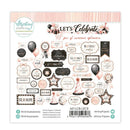 A sheet of Minityay Papers ephemera stickers for crafting, featuring various party-themed labels, balloons, ribbons, and stars in a dusty pink, black, and white color palette.