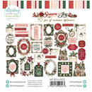 A holiday-themed paper ephemera sheet from Mintay Papers featuring 40 Christmas-themed labels, frames, ornaments, and decorative elements. The sheet displays various red, green, and beige designs including wreaths, Christmas trees, gift boxes, and festive text like 'Season of Joy', 'Blessings', and 'Joy All Year'.