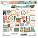 A sheet of scrapbooking ephemera from Mintay Papers titled 'teen spirit', featuring 36 pieces of decorative paper with retro-style quotes, frames, labels, and watercolor designs in pastel teal, pink, beige, and brown tones.