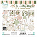 A sheet of Mintay Papers ephemera stickers for scrapbooking, titled 'The Wedding Day', featuring various vintage-style illustrations, lace doilies, envelopes, frames, and ribbons in soft pastel colors on a white background.