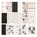 A collage of multiple swatches and pattern sheets featuring coordinated party and floral designs in blush pink, black, white, and beige tones. The designs include marble, stripes, balloons, flowers, banners, and decorative motifs, with one sheet showing a branded cover reading 'Bespoke Collections.