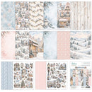 A collage of multiple paper and craft design sheets featuring winter village scenes, snowy landscapes, floral and geometric patterns, and small decorative illustrations in soft pastel tones. The sheet set appears to be the product itself rather than an auxiliary swatch chart, so this is classified as Product/Packaging.