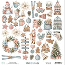 A sheet of Christmas-themed paper cutouts or stickers featuring a snowman, Santa Claus, wreath, bells, gingerbread cookies, stars, pinecones, houses, and a Christmas tree in soft pastel colors on a white background.