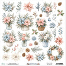 A sheet of Scabberly Jane holiday paper decals featuring watercolor-style poinsettias, floral arrangements in jars, pinecones, evergreen branches, berries, and wreaths on a white background.