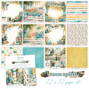 A collage showing a 12 x 12 paper set with multiple scrapbook paper designs, stickers, and a branded card. The designs feature a colorful, youthful theme with teal, yellow, orange, and white patterns, including stripes, florals, watercolor textures, and retro elements.