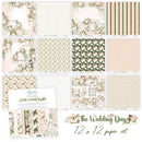 Collection of scrapbooking paper sheets with floral and stripe patterns, featuring 'The Wedding Day' theme.