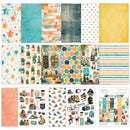 A collage of scrapbook paper and sticker sheets from the 'Amanda's Aesthetic' collection, showing various patterned sheets including watercolor textures, polka dots, stripes, and cacti, along with matching sticker designs.