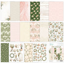 A collage of scrapbook paper and sticker sheets in a coordinated vintage floral palette. The designs feature soft blush pink, sage green, cream, and white patterns including lace, florals, wood textures, wreaths, and small illustrated characters.