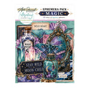 Mintay Papers 'Art Journal Essentials' Magic Ephemera Pack, featuring a whimsical collection of 65 paper ephemera pieces in purple, teal, and gold tones, including a butterfly, potion bottle, mirror, and labels.