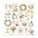 Sheet of Easter-themed stickers with various illustrations including bunnies, eggs, and wreaths on a white background.