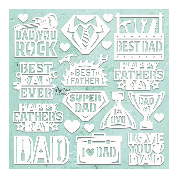 Collection of Father's Day-themed cutouts with text and graphics on a light blue background