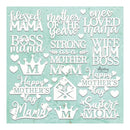 Collection of white Mother's Day-themed phrases and symbols on a light blue background