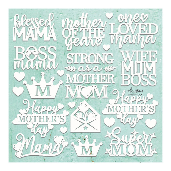 Collection of white Mother's Day-themed phrases and symbols on a light blue background