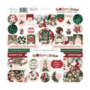 A Christmas-themed chipboard ephemera sheet from Minnie Patchouli, featuring multiple printed holiday designs including ornaments, stockings, Santa, elves, wreaths, and festive text labels on a white backing card.