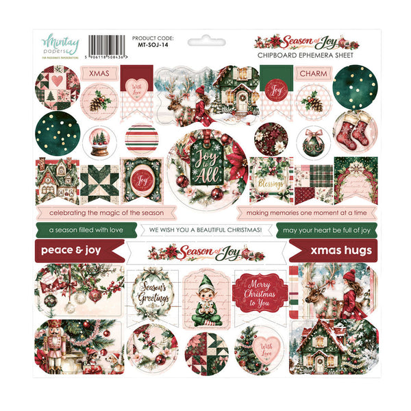 A Christmas-themed chipboard ephemera sheet from Minnie Patchouli, featuring multiple printed holiday designs including ornaments, stockings, Santa, elves, wreaths, and festive text labels on a white backing card.