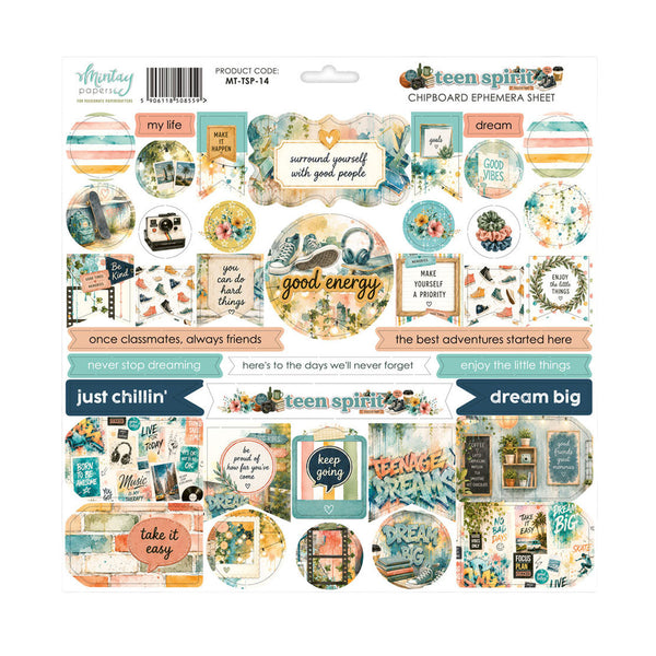 A packaged scrapbook ephemera sheet from Mayday Paper Company, featuring various round and rectangular stickers with retro-themed designs, quotes, and illustrations on a white backing card.