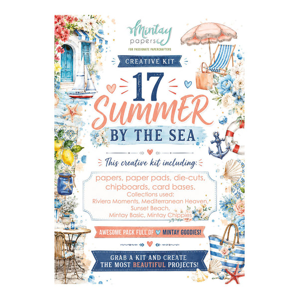 A colorful product cover for the Mintay Papers 'Creative Kit: 17 Summer By The Sea' featuring a nautical beach theme with illustrations of a blue door, umbrella, anchor, seashells, starfish, and beach bags on a white background.