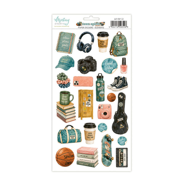 A sheet of scrapbook stickers featuring various retro 90s and 2000s fashion and lifestyle items, including a camera, headphones, coffee cups, sneakers, a guitar, a cassette tape, and books, on a white backing card.