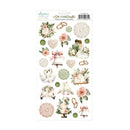 A sheet of wedding-themed paper stickers on a white backing card, featuring roses, lace motifs, bells, doves, swans, rings, and floral arrangements in soft pink, green, and beige tones.