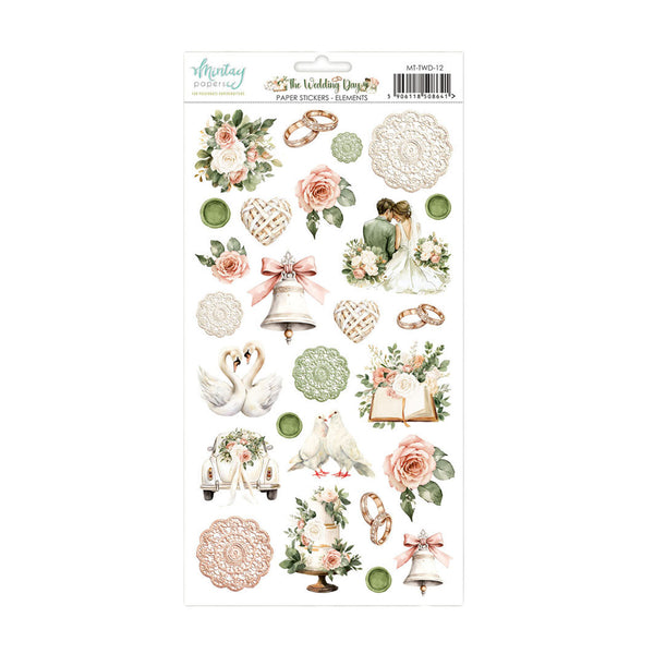 A sheet of wedding-themed paper stickers on a white backing card, featuring roses, lace motifs, bells, doves, swans, rings, and floral arrangements in soft pink, green, and beige tones.