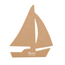 A minimalist wooden sailboat cutout with a natural light brown wood grain finish and a white printed 'Mintay Dopeiny' brand logo on the hull, set against a solid white background.
