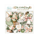 A sheet of wedding-themed scrapbook or craft stickers titled 'The Wedding Day' by Montay Papers. The design features a collection of bridal elements including a white wedding dress, pink and white roses, rings, a heart-shaped lace veil, a bell, and a teapot, all arranged on a vintage-style background.