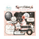 A retail pack of 48 rose gold, black, and white party ephemera stickers by Mintha Paperie, featuring various celebratory signs, balloons, and decorative elements on a pink and white striped background.