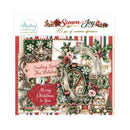 A mintay papercraft 'Season of Joy' Christmas-themed ephemera sheet containing 40 pieces. The sheet features a festive collage of red and green striped borders, a wreath with pink roses, snowflakes, tiny houses, and holiday text like 'Sending Love This Holiday' and 'Merry Christmas to You'.