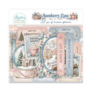 A packaged scrapbook or craft paper set labeled 'Snowberry Lane' with decorative winter-themed ephemera, including tickets, books, a snow globe scene, and floral border elements. The package header shows the brand 'Mintay Paperie' and the set name 'Snowberry Lane' with '38 pcs of awesome ephemera' text.