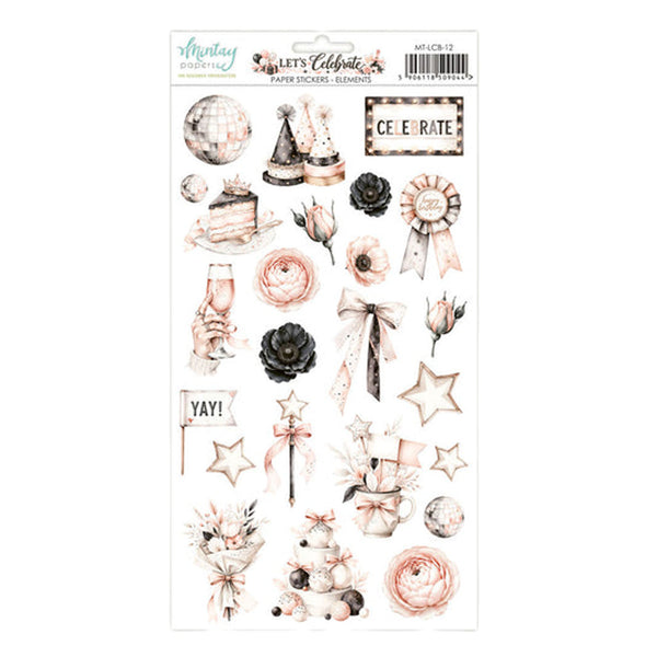 A sheet of Morley's Boutique 'Let's Celebrate! Party Stickers Elements' featuring watercolor-style party and celebration motifs in dusty pink, beige, and black on a white background.
