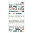 Sheet of motivational phrases with colorful text on a white background