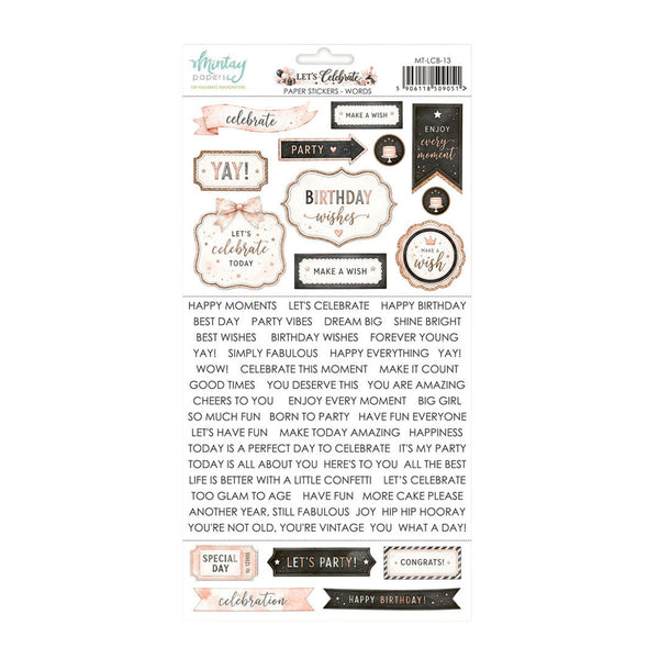 A sheet of clear adhesive stickers with assorted party and birthday-themed labels, banners, and text decals, shown on a white background with a list of included phrases below.