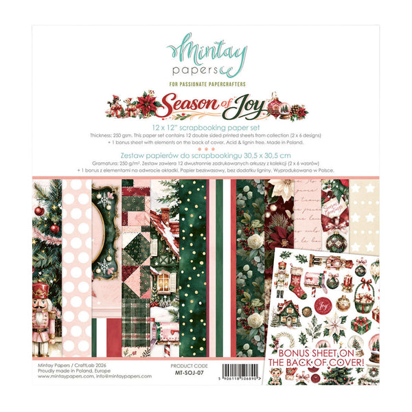Mintay Papers 'Season of Joy' scrapbooking paper set, featuring 12 double-sided printed sheets with festive Christmas patterns including stripes, plaid, polka dots, and holiday illustrations, shown on a white background with product details and a bonus cover preview.