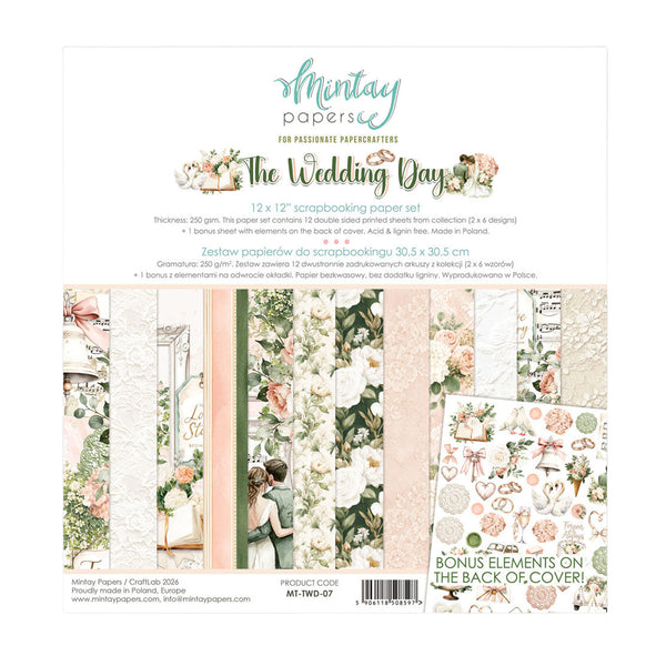 A 12 x 12 inch scrapbooking paper set titled 'The Wedding Day' by Montay Papers, featuring 12 patterned sheets with floral, lace, and pastel designs, shown on a white backing card.