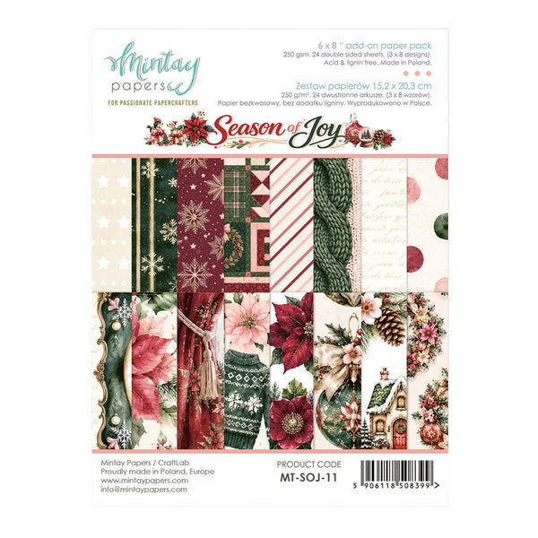 Mintay Papers 'Season of Joy' 6x8 inch add-on paper pack, featuring 12 different holiday-themed patterned papers including plaid, knit textures, poinsettias, pinecones, and vintage cards, shown on its white backing card.