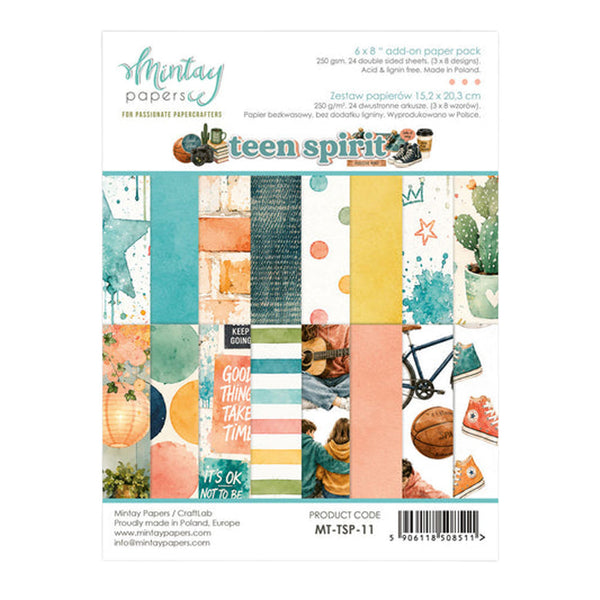 Mintay Papers 'Teen Spirit' 6x8 inch add-on paper pack featuring 24 gsm scrapbook papers with a retro watercolor collage design.