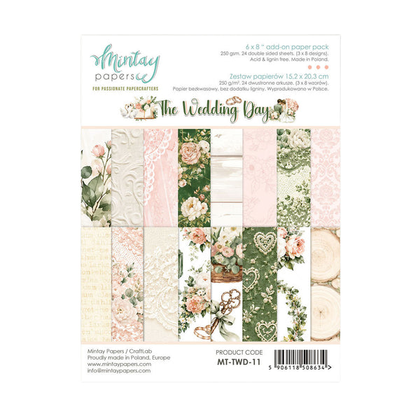 Mintay Papers 'The Wedding Days' 4x8" add-on paper pack, featuring 24 sheets of assorted vintage-style papers with floral, lace, and textured designs in soft pink, green, beige, and cream tones.